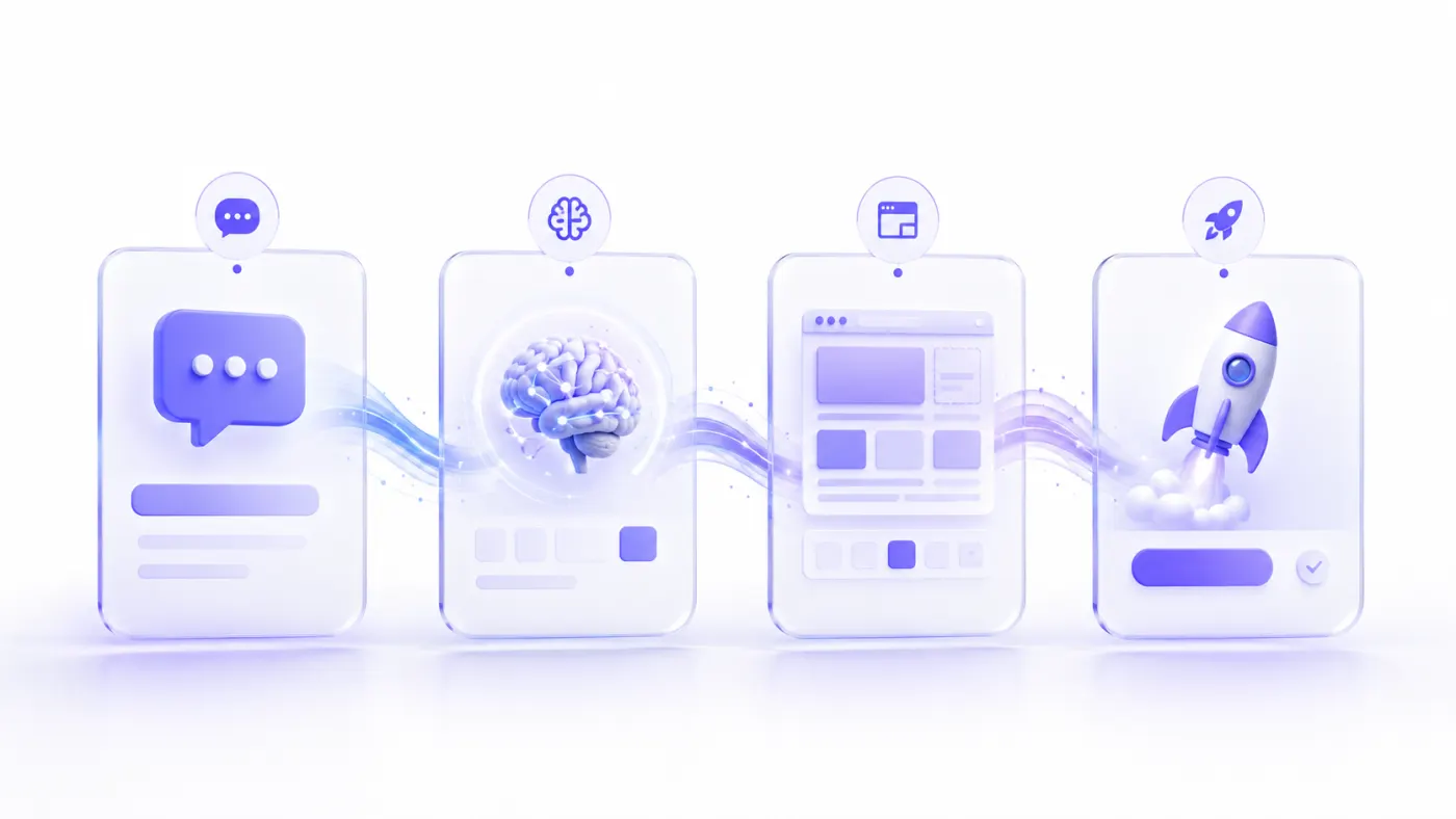 AI website creation flow: prompt, analysis, site generation, and publishing