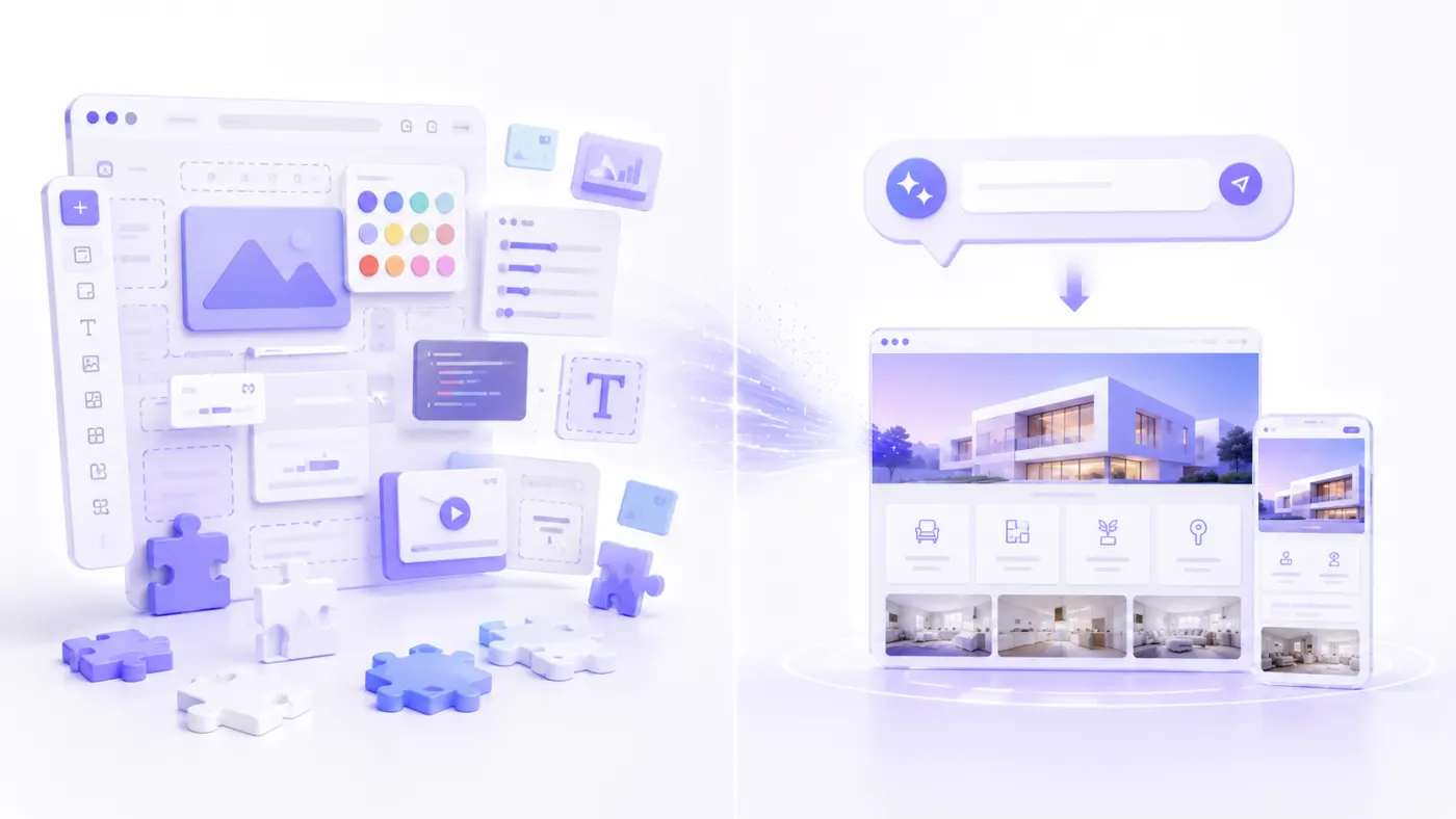 Comparison between a traditional drag-and-drop builder and a conversational AI website builder