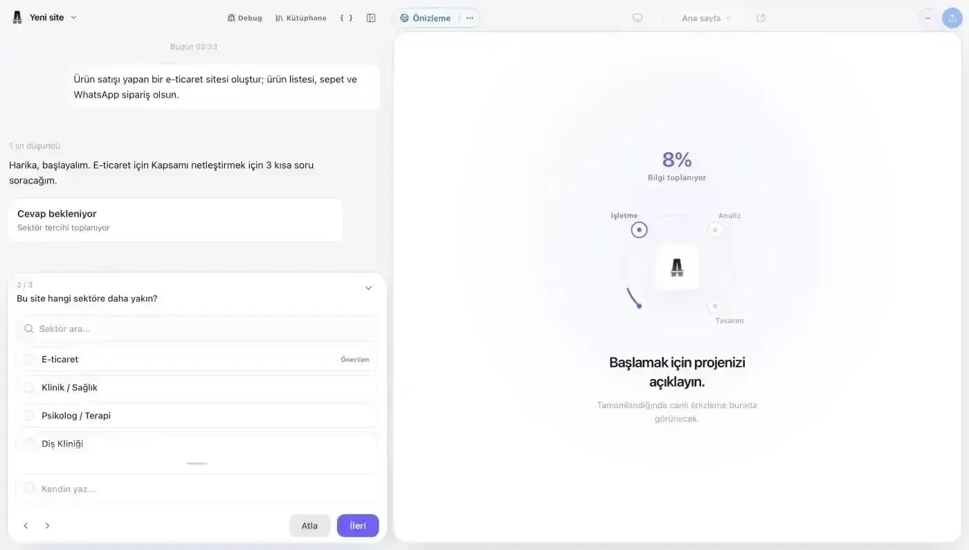 Atalay AI ile işletmesini anlatarak web sitesi oluşturan kullanıcı