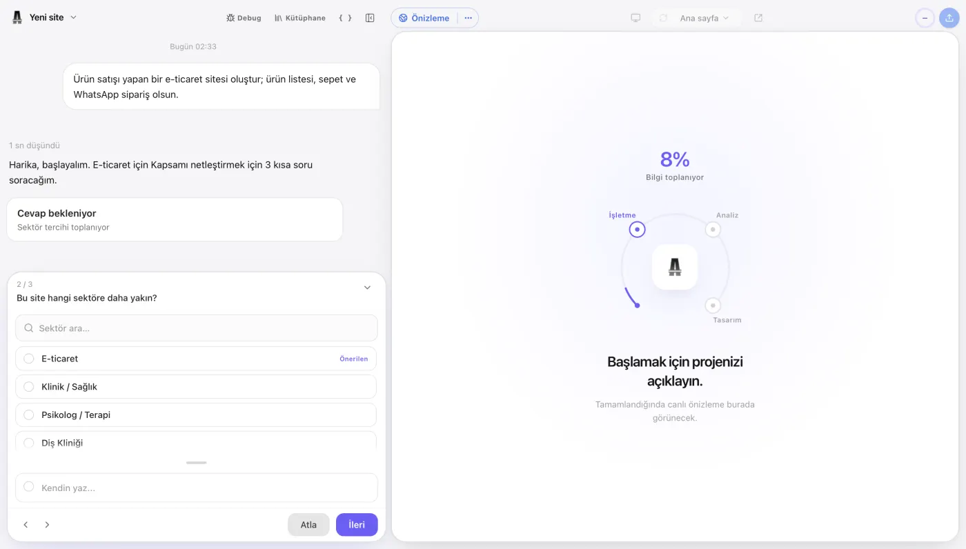 Creating a website in Atalay AI with an English-language prompt
