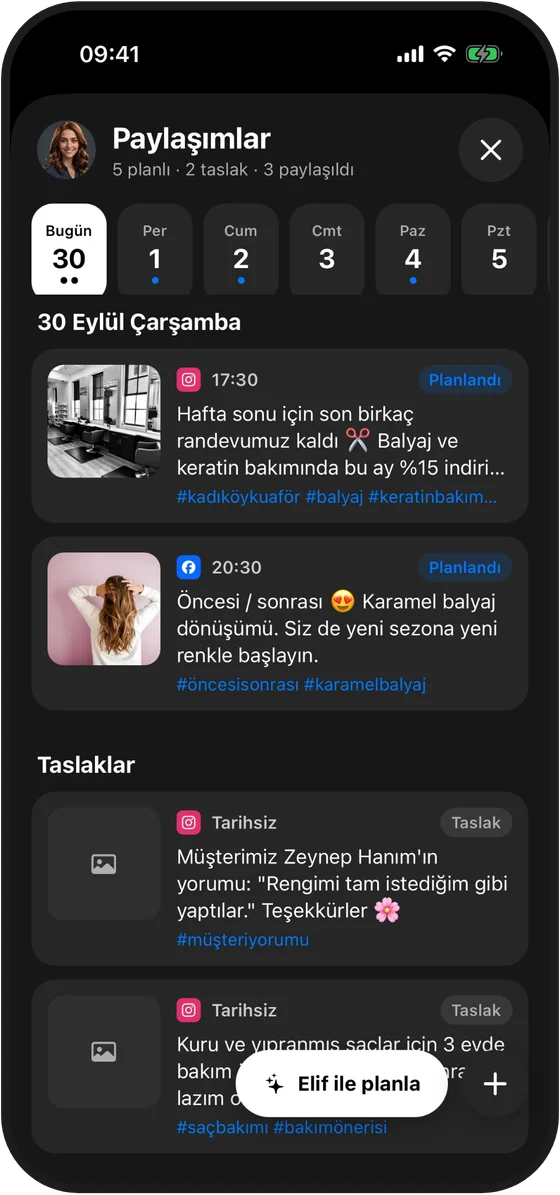 Paylaşımlar: gün şeridi, planlanmış Instagram ve Facebook paylaşımları, taslaklar