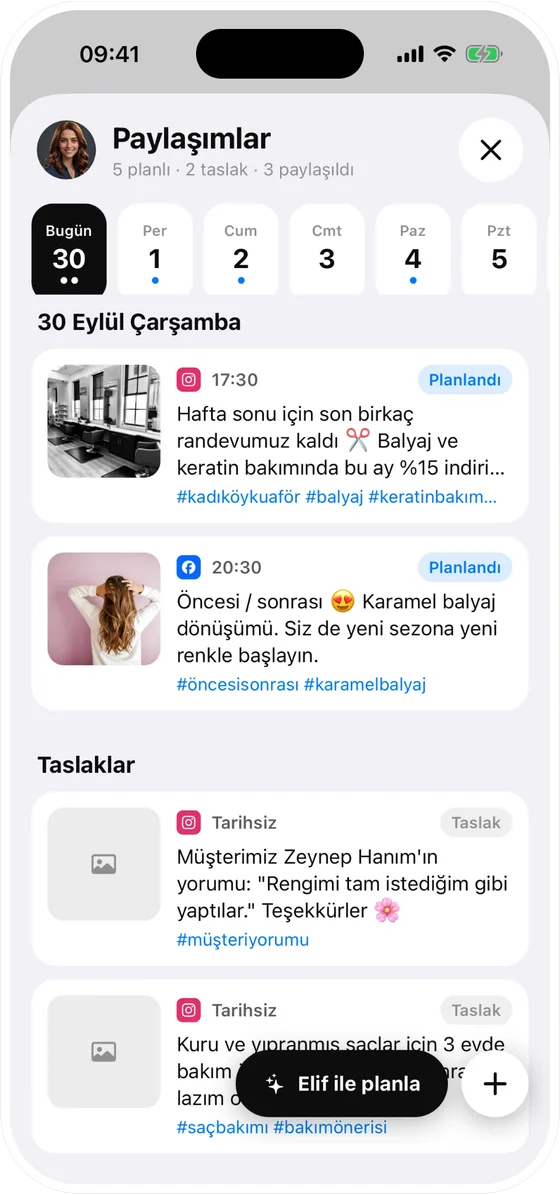 Paylaşımlar: gün şeridi, planlanmış Instagram ve Facebook paylaşımları, taslaklar