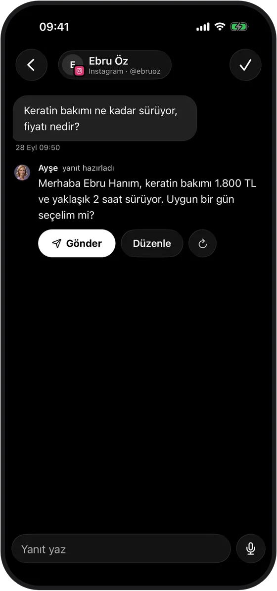 Instagram mesajı ve Ayşe'nin hazırladığı yanıt: Gönder ve Düzenle düğmeleri