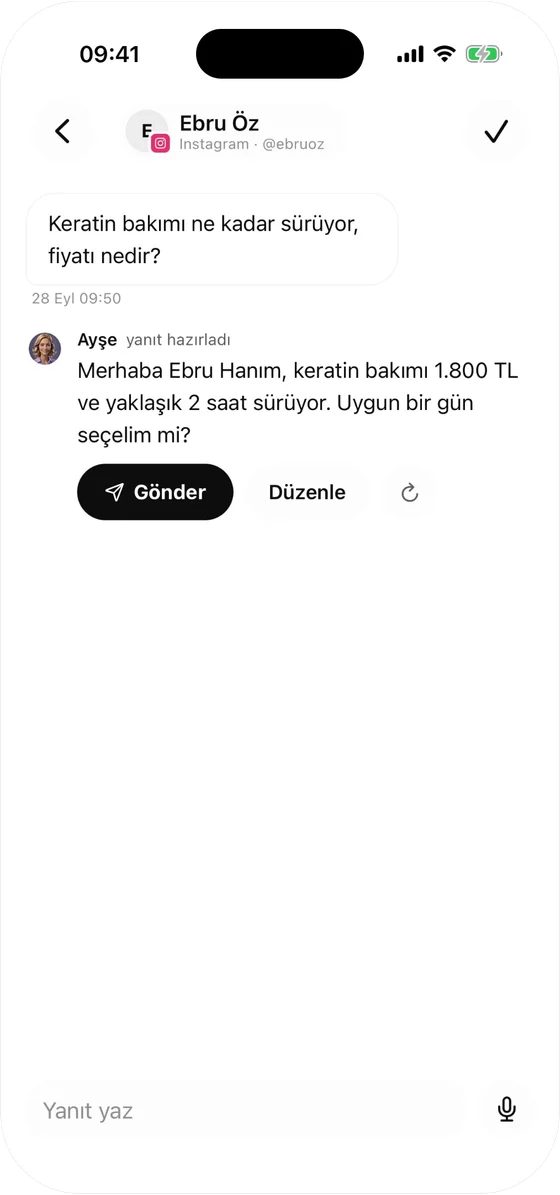Instagram mesajı ve Ayşe'nin hazırladığı yanıt: Gönder ve Düzenle düğmeleri